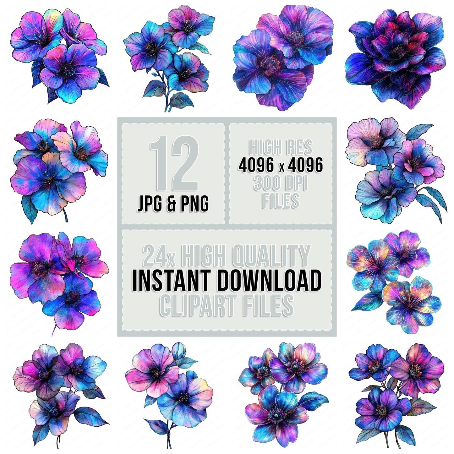 Abstarct Surreal Neon Flowers Clipart Set (DDD004493)