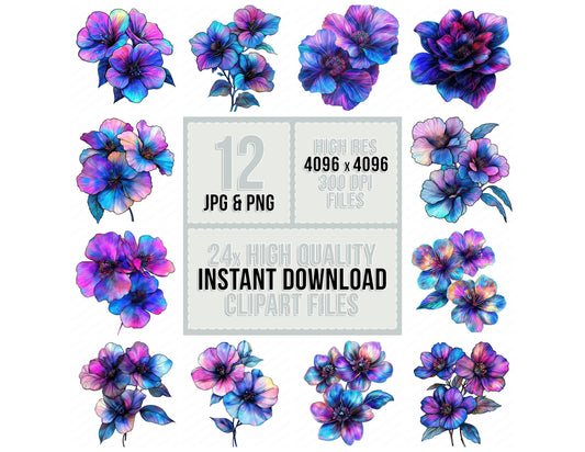 Abstarct Surreal Neon Flowers clipart set with transparent PNGs and high resolution JPGs for crafting and design projects