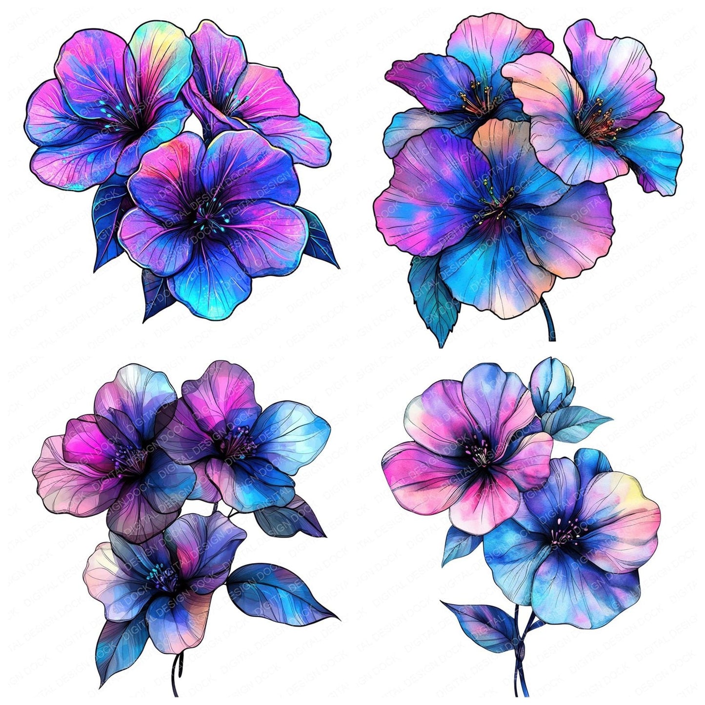 Abstarct Surreal Neon Flowers Clipart Set (DDD004493)