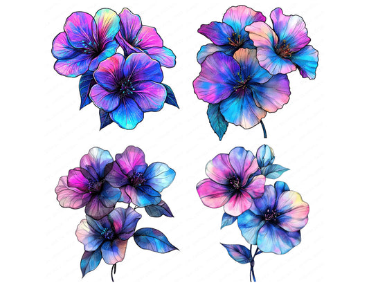 Preview layout showing Abstarct Surreal Neon Flowers clipart elements for scrapbooking, junk journals, and card making