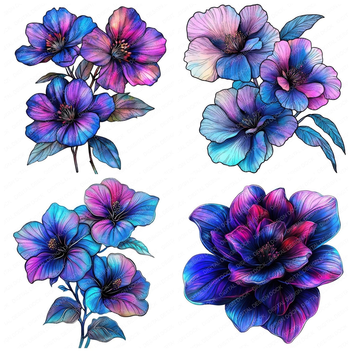 Abstarct Surreal Neon Flowers Clipart Set (DDD004493)