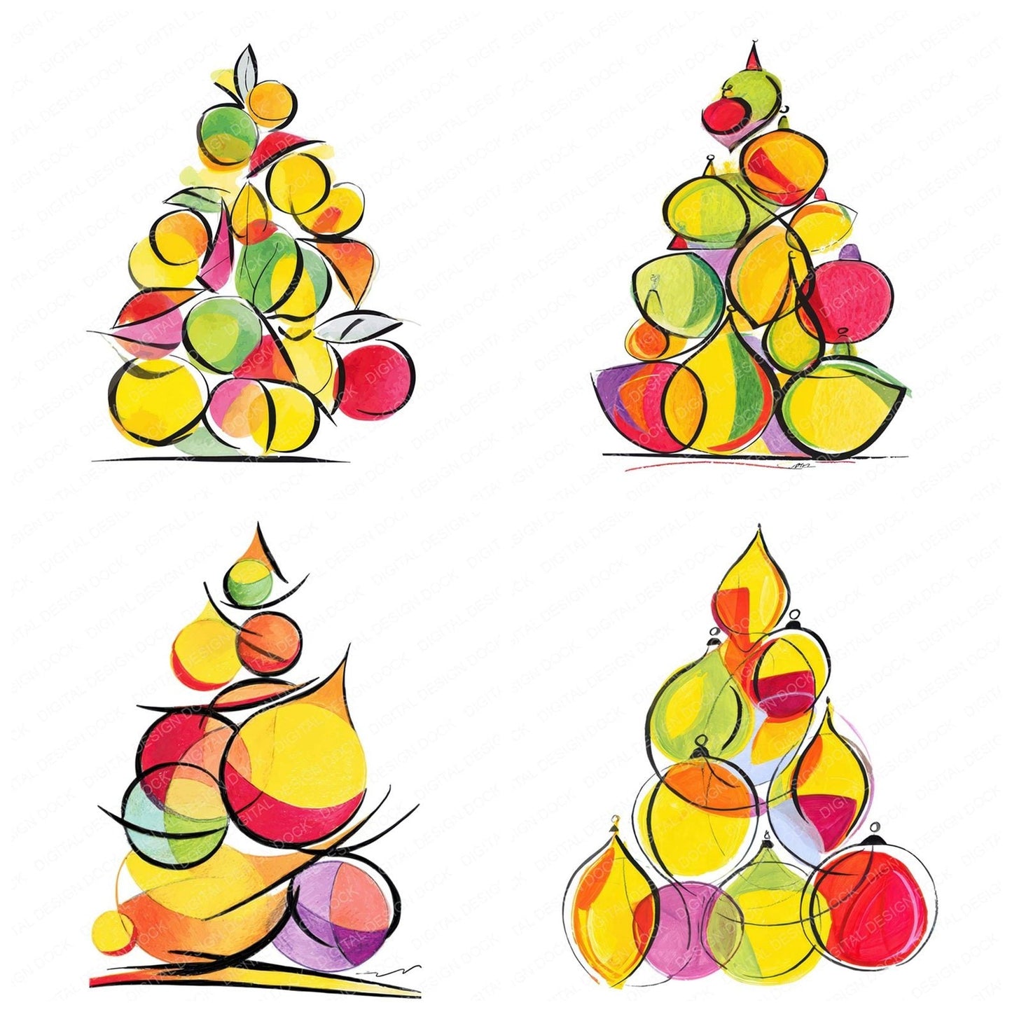 Abstract Cartoon Christmas Tree Clipart Set (DDD004502)