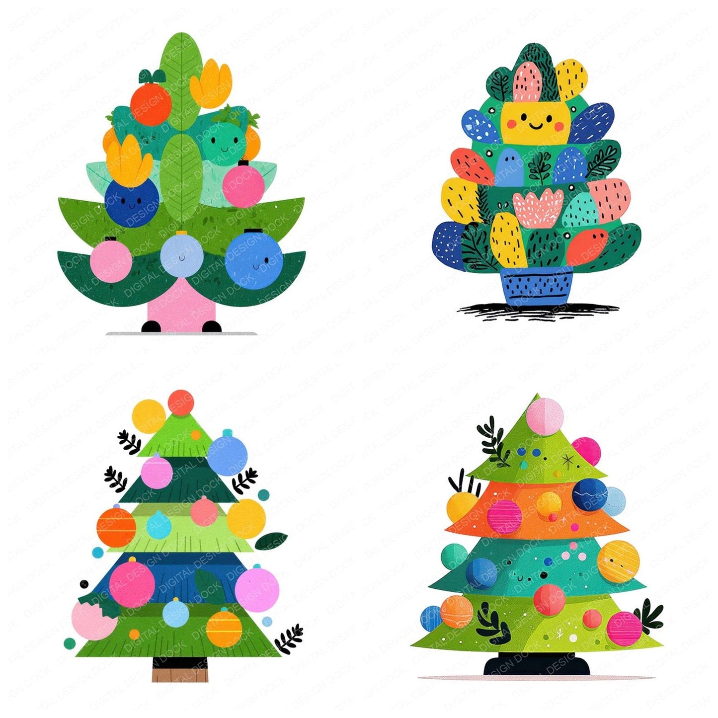 Abstract Cartoon Christmas Tree Clipart Set (DDD004503)