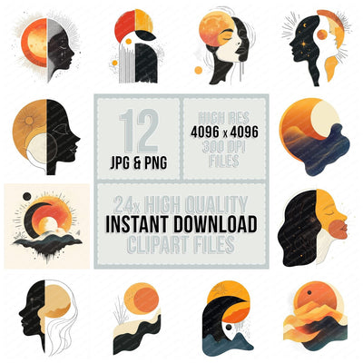Abstract Sun and Moon Face Clipart Set (DDD004548)