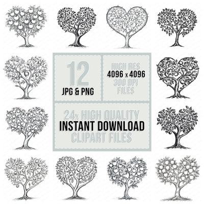 Apple Tree Love Heart Sketch Clipart Set (DDD004614)