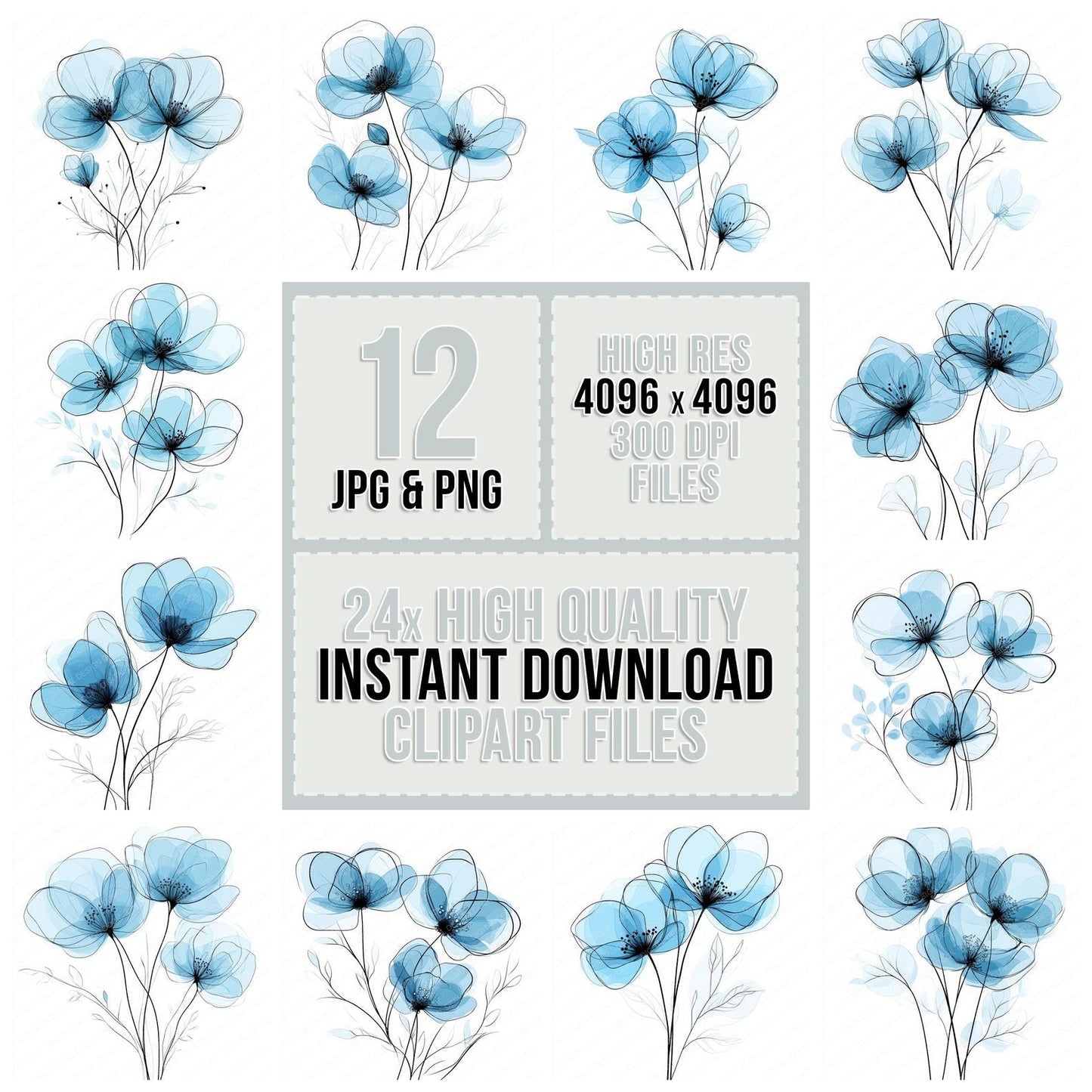 Aqua Blue Abstract Flowers Clipart Set (DDD004618)