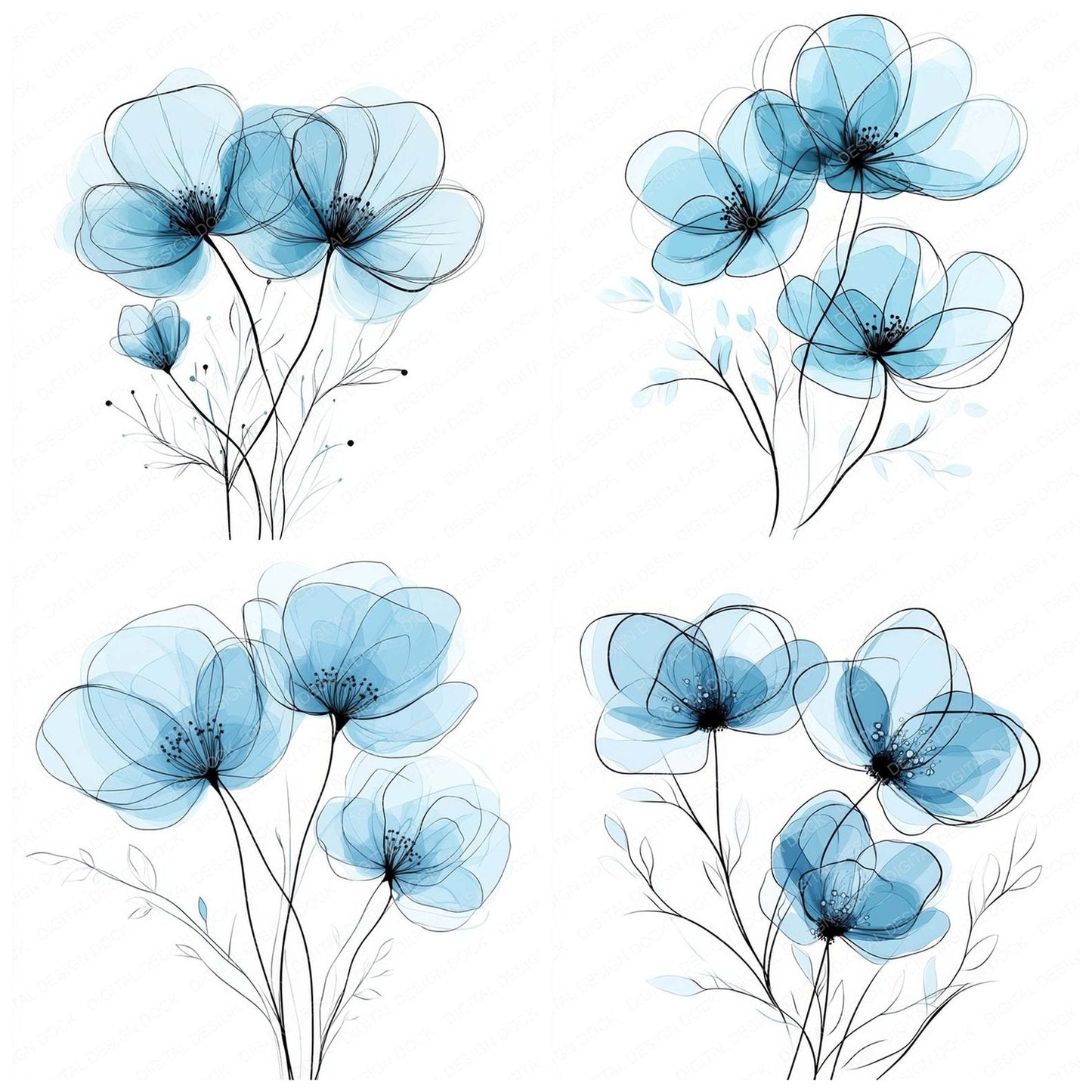Aqua Blue Abstract Flowers Clipart Set (DDD004618)