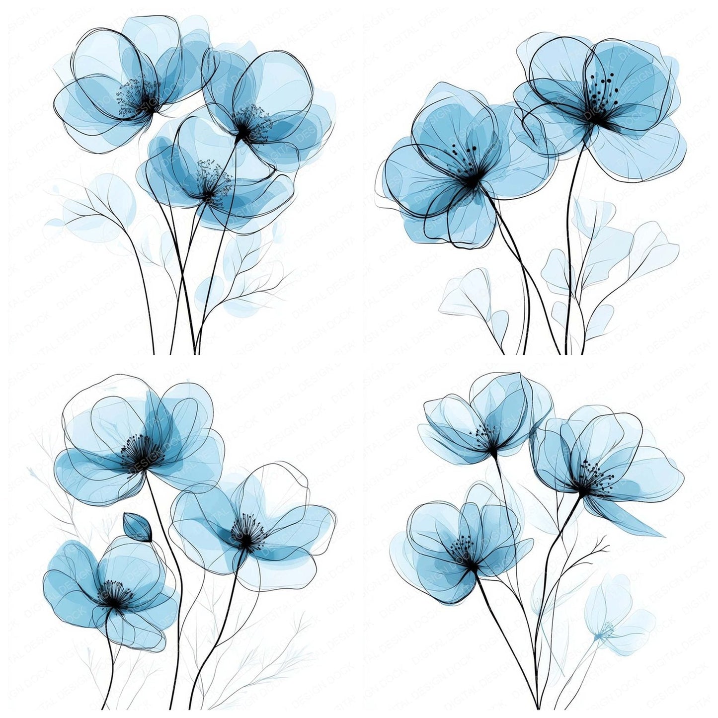 Aqua Blue Abstract Flowers Clipart Set (DDD004618)