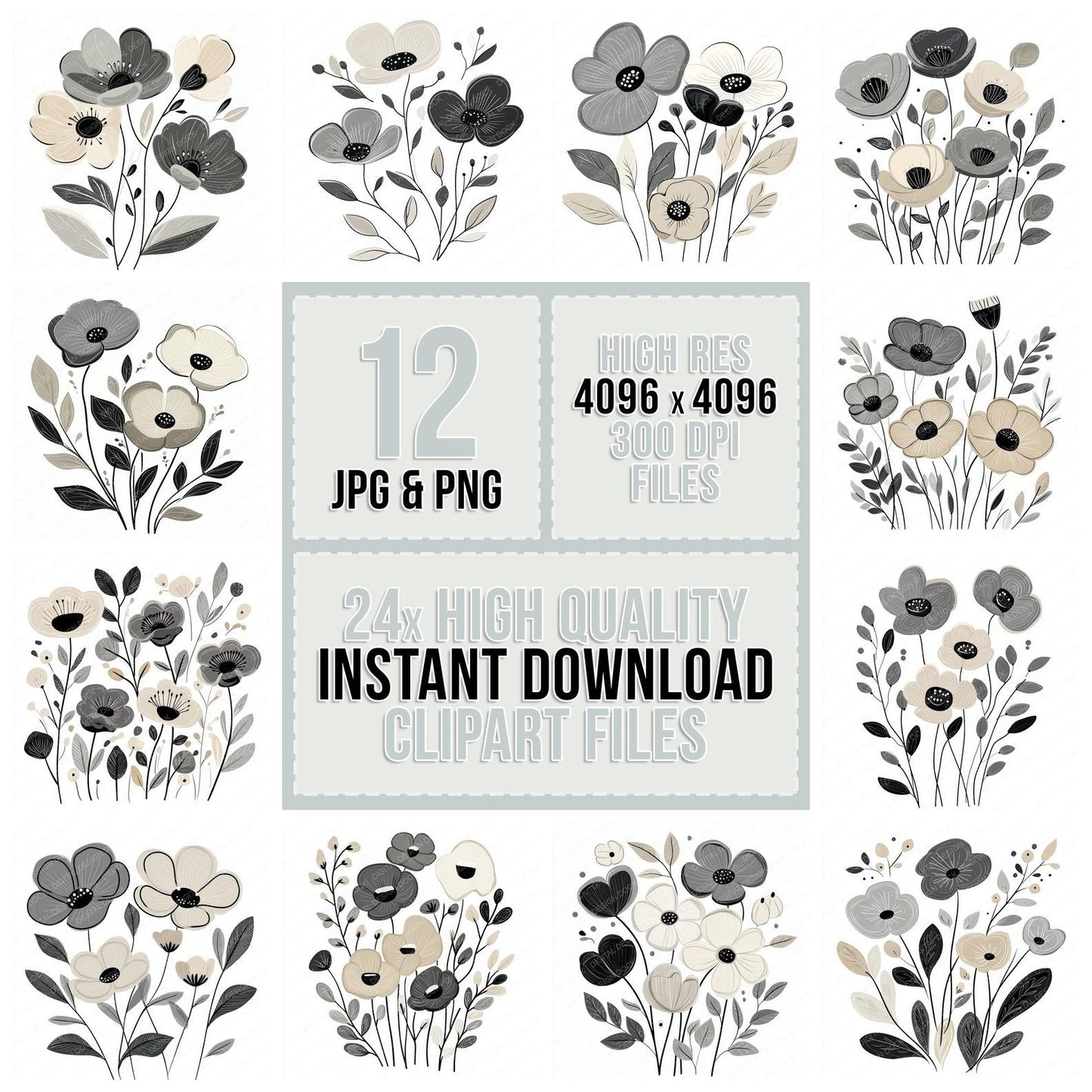 Ash Grey Abstract Flowers Clipart Set (DDD004623)
