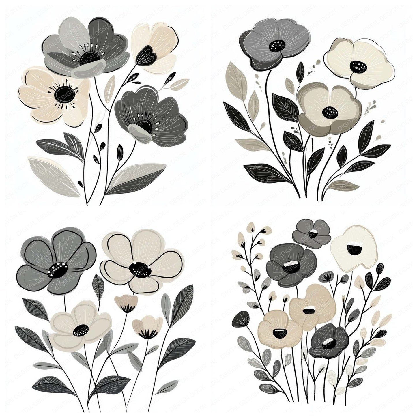 Ash Grey Abstract Flowers Clipart Set (DDD004623)