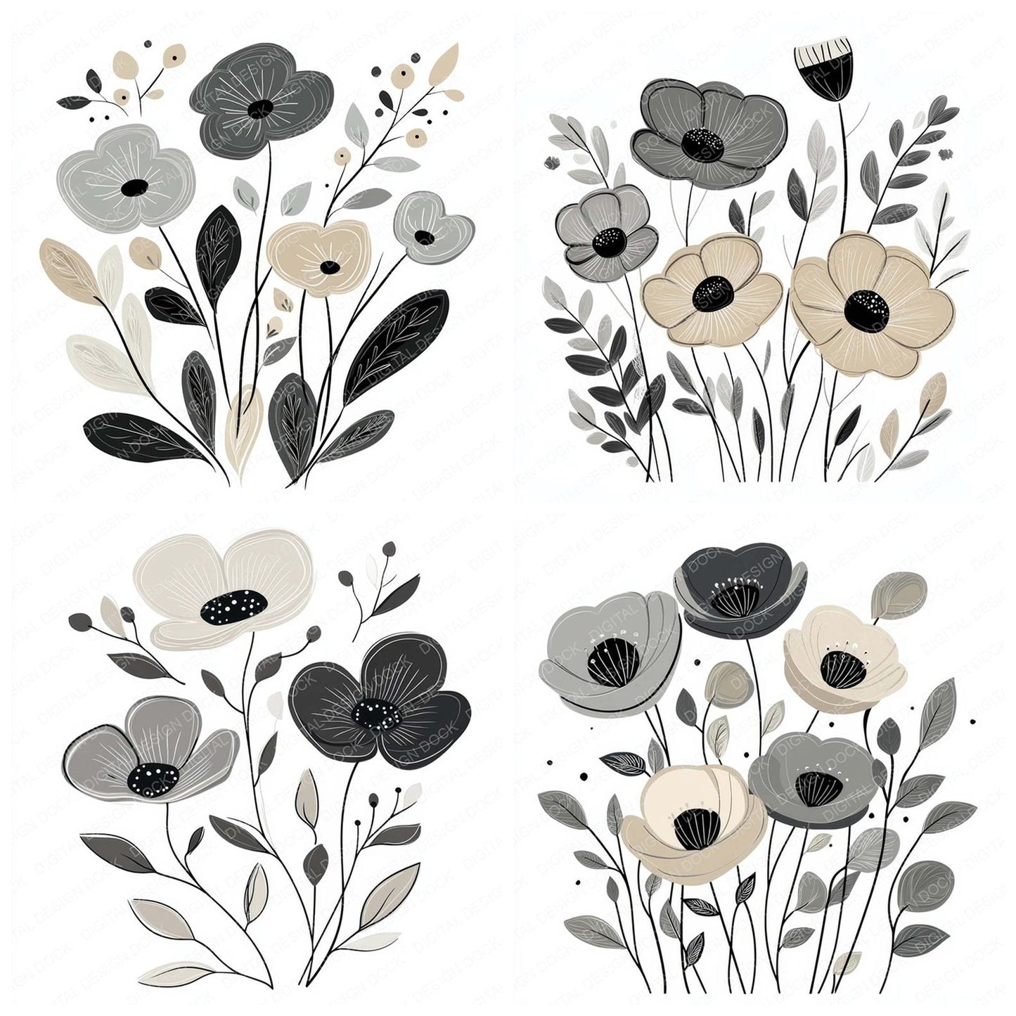 Ash Grey Abstract Flowers Clipart Set (DDD004623)