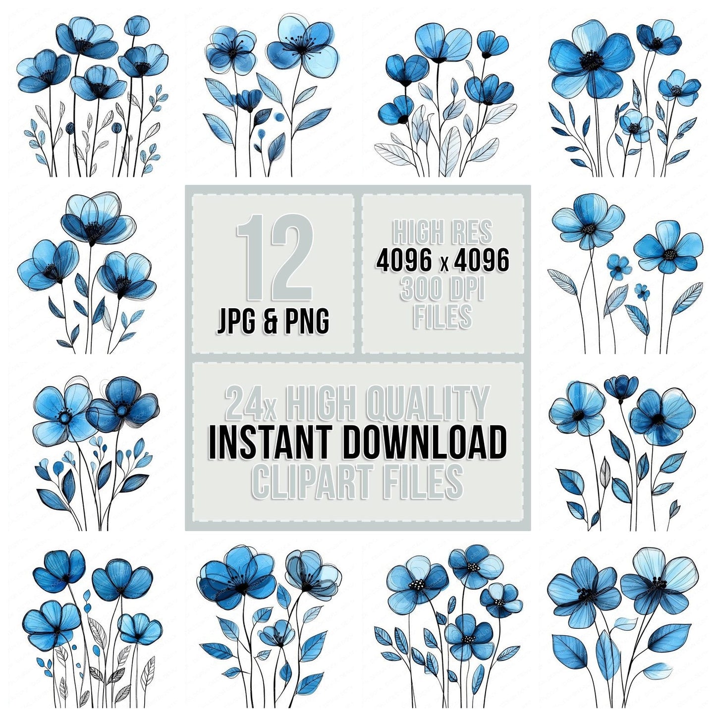 Azure Abstract Flowers Clipart Set (DDD004638)