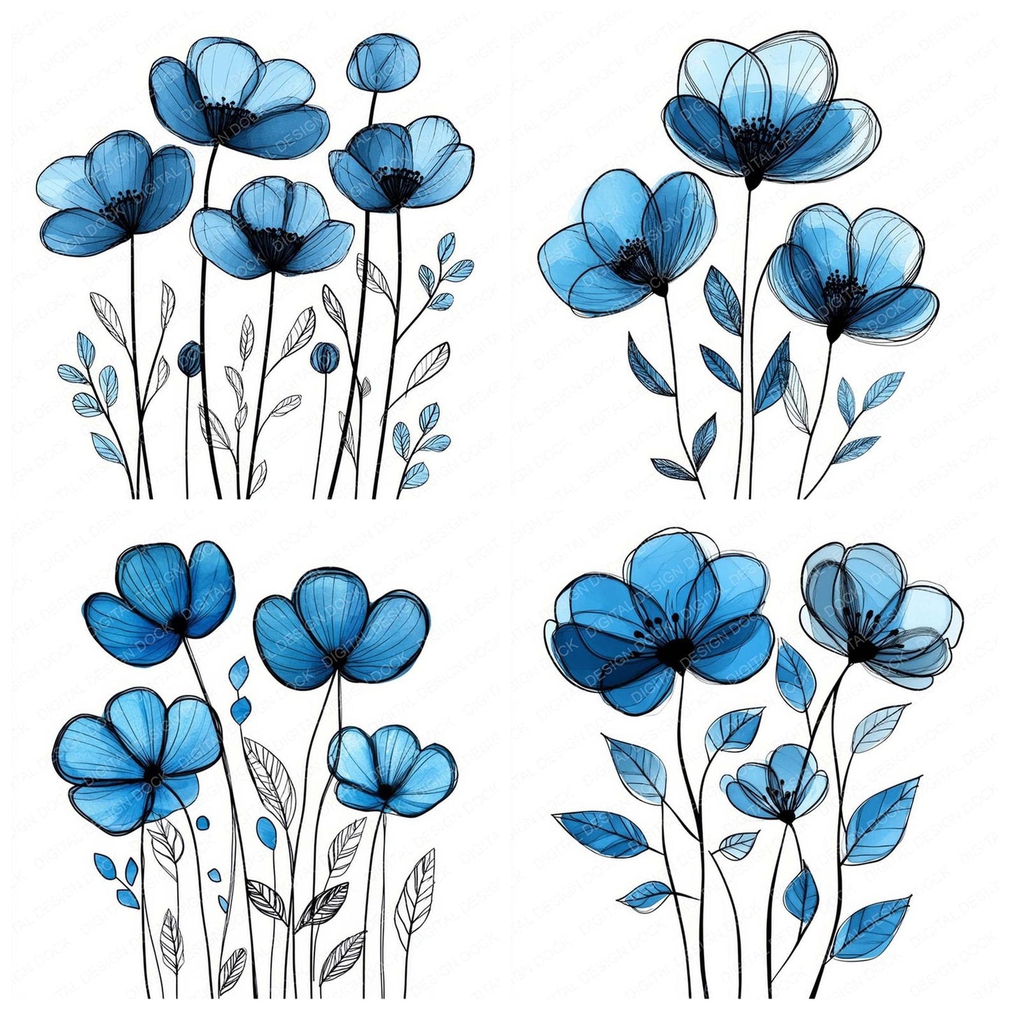 Azure Abstract Flowers Clipart Set (DDD004638)