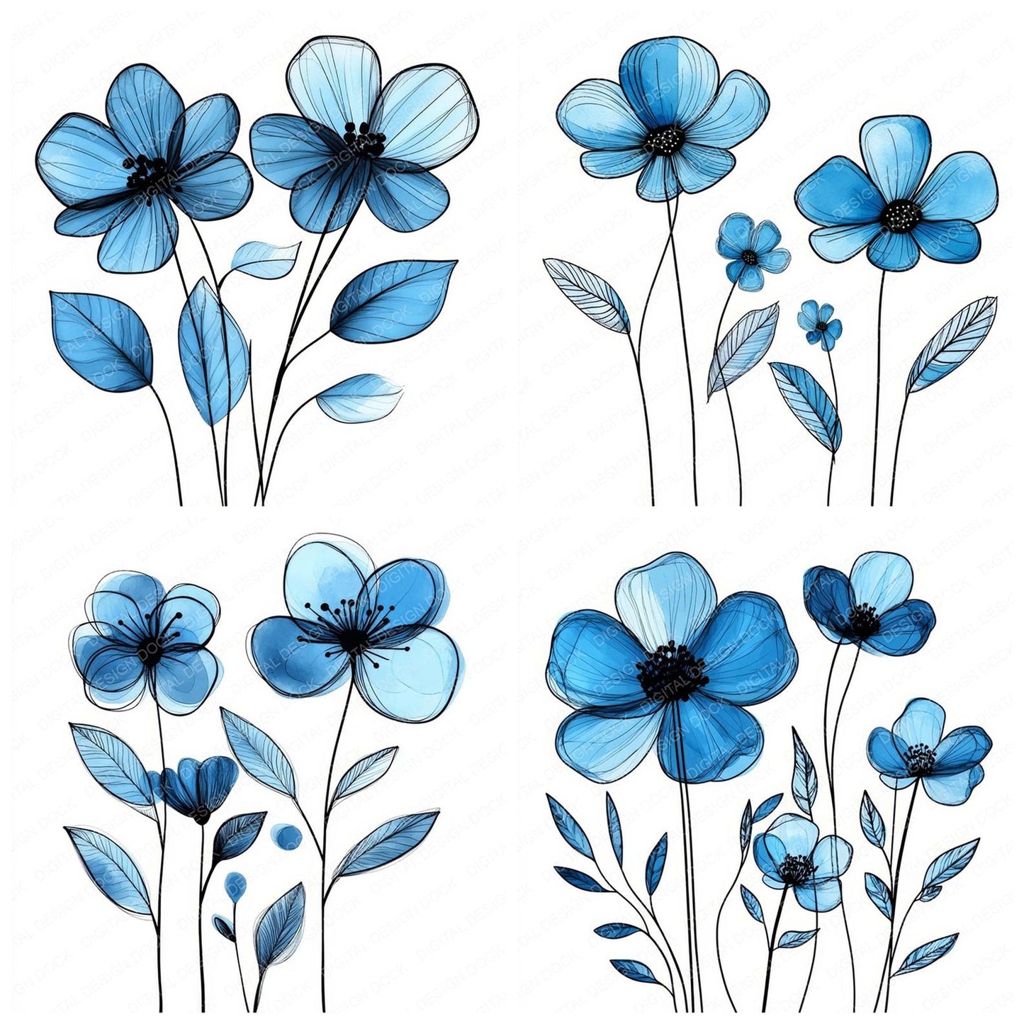 Azure Abstract Flowers Clipart Set (DDD004638)