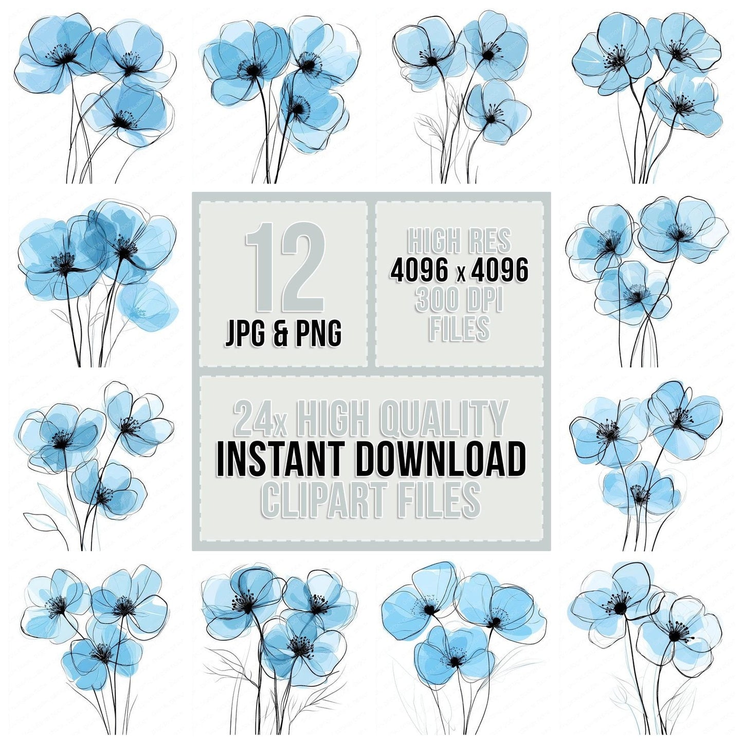 Baby Blue Abstract Flowers Clipart Set (DDD004639)
