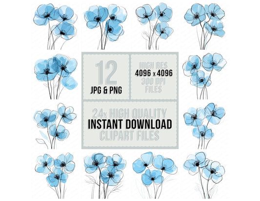 Baby Blue Abstract Flowers Clipart Set (DDD004639)