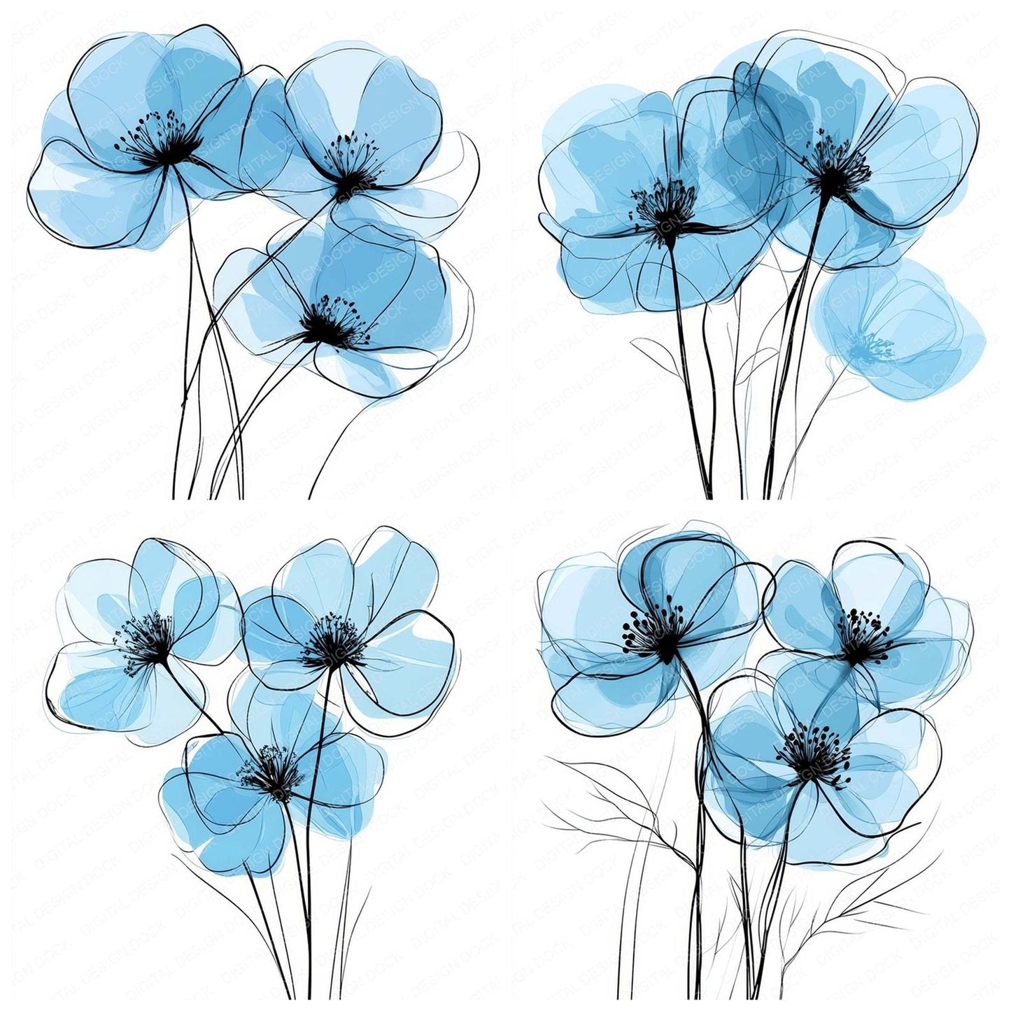 Baby Blue Abstract Flowers Clipart Set (DDD004639)