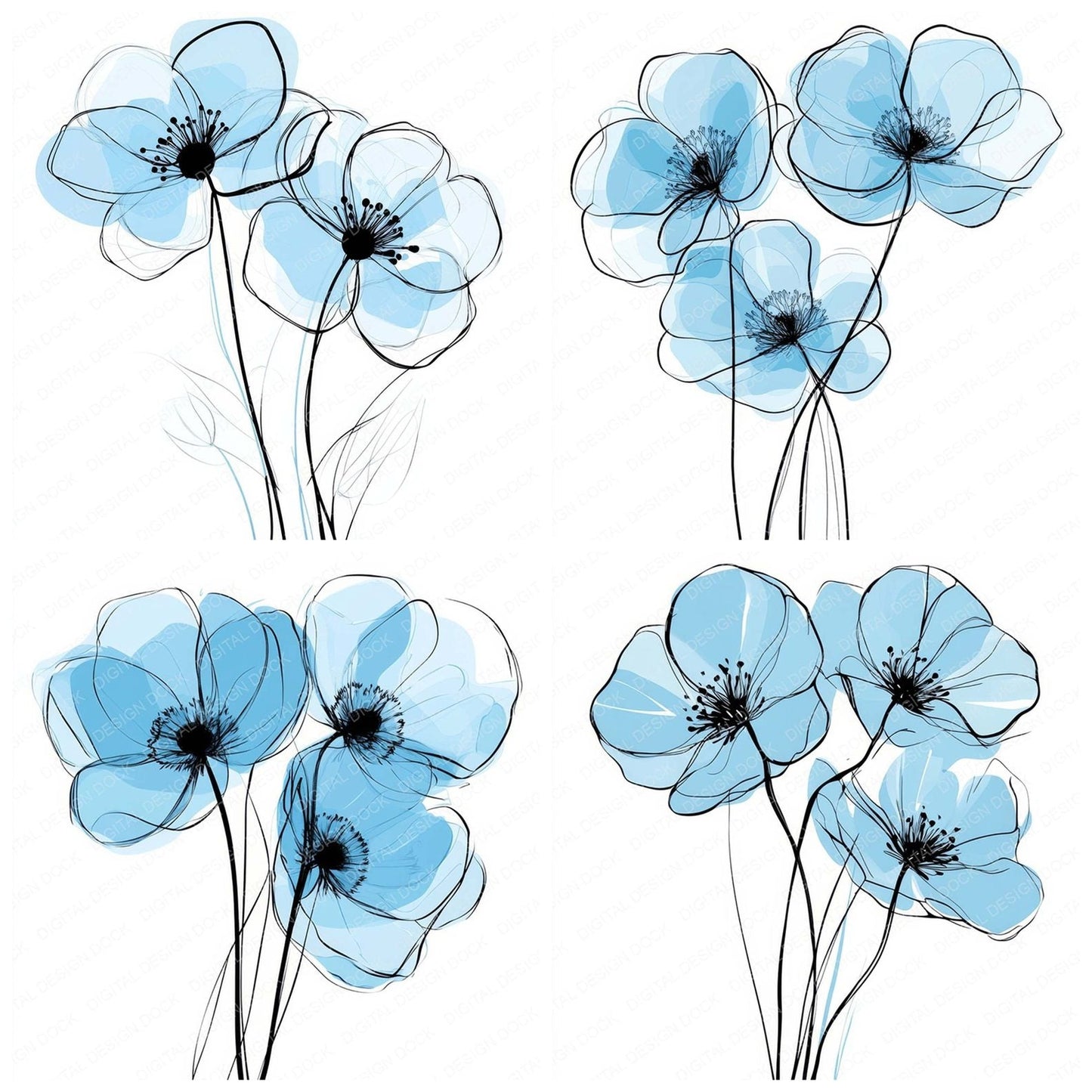 Baby Blue Abstract Flowers Clipart Set (DDD004639)