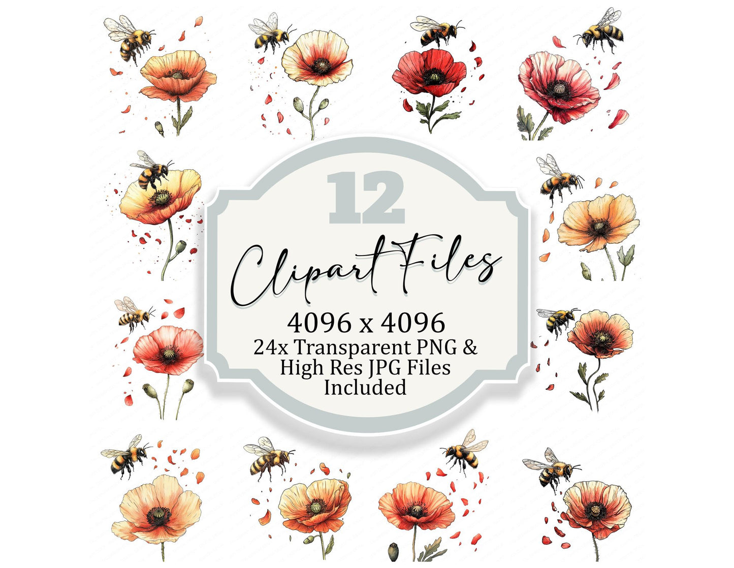 Bee Over Falling Poppy Clipart Set (DDD004666)