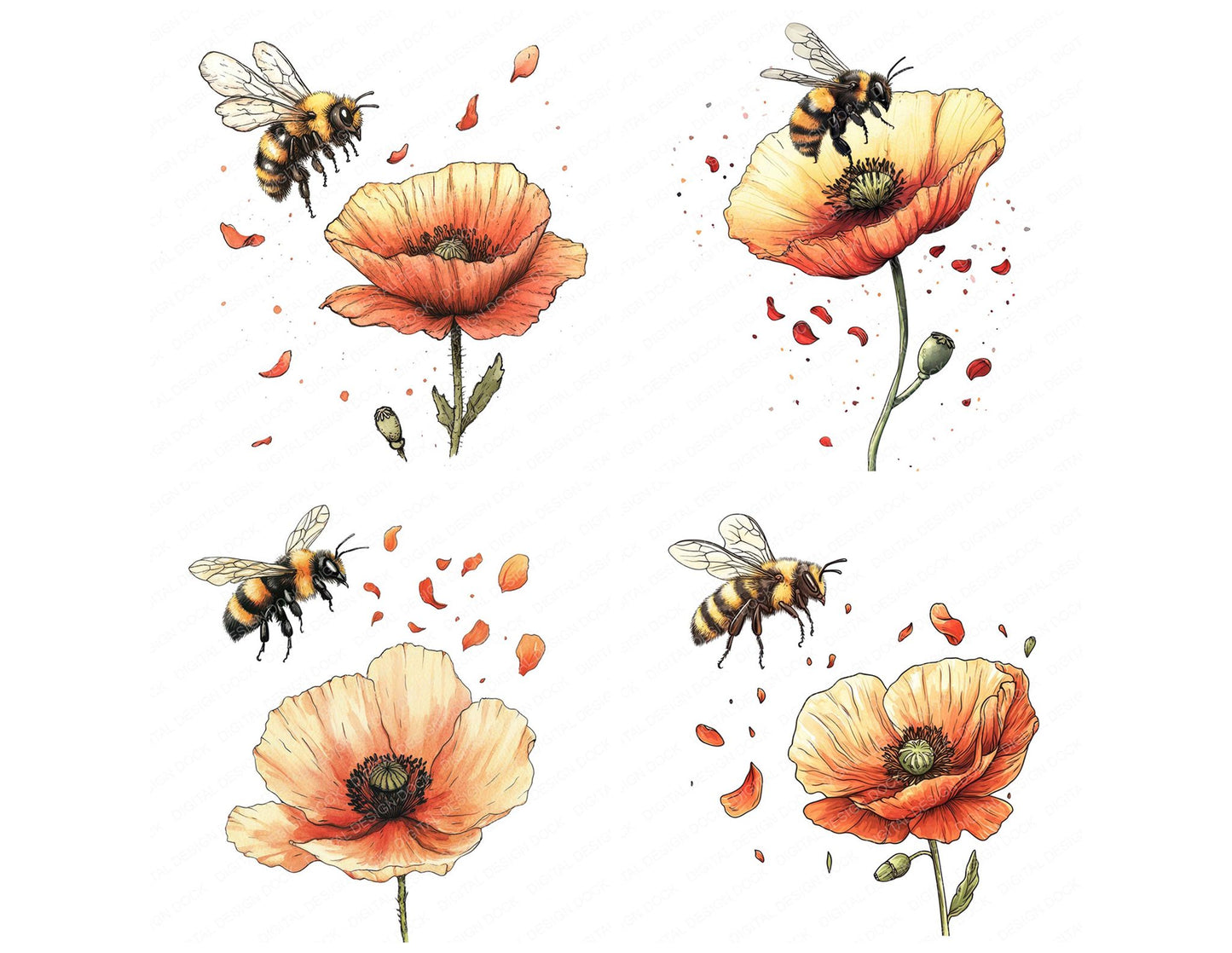 Bee Over Falling Poppy Clipart Set (DDD004666)