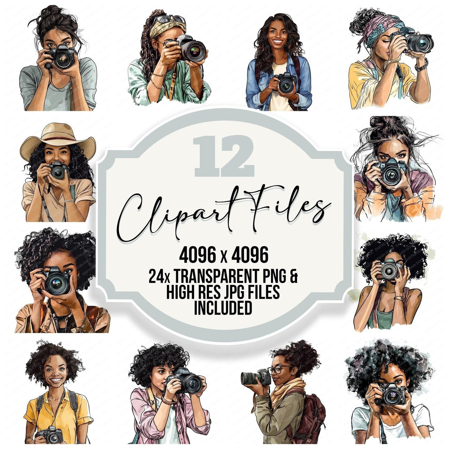 Black Female Photographer Clipart Set (DDD004694)