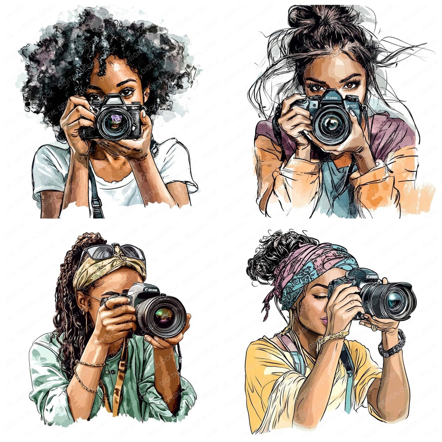 Black Female Photographer Clipart Set (DDD004694)