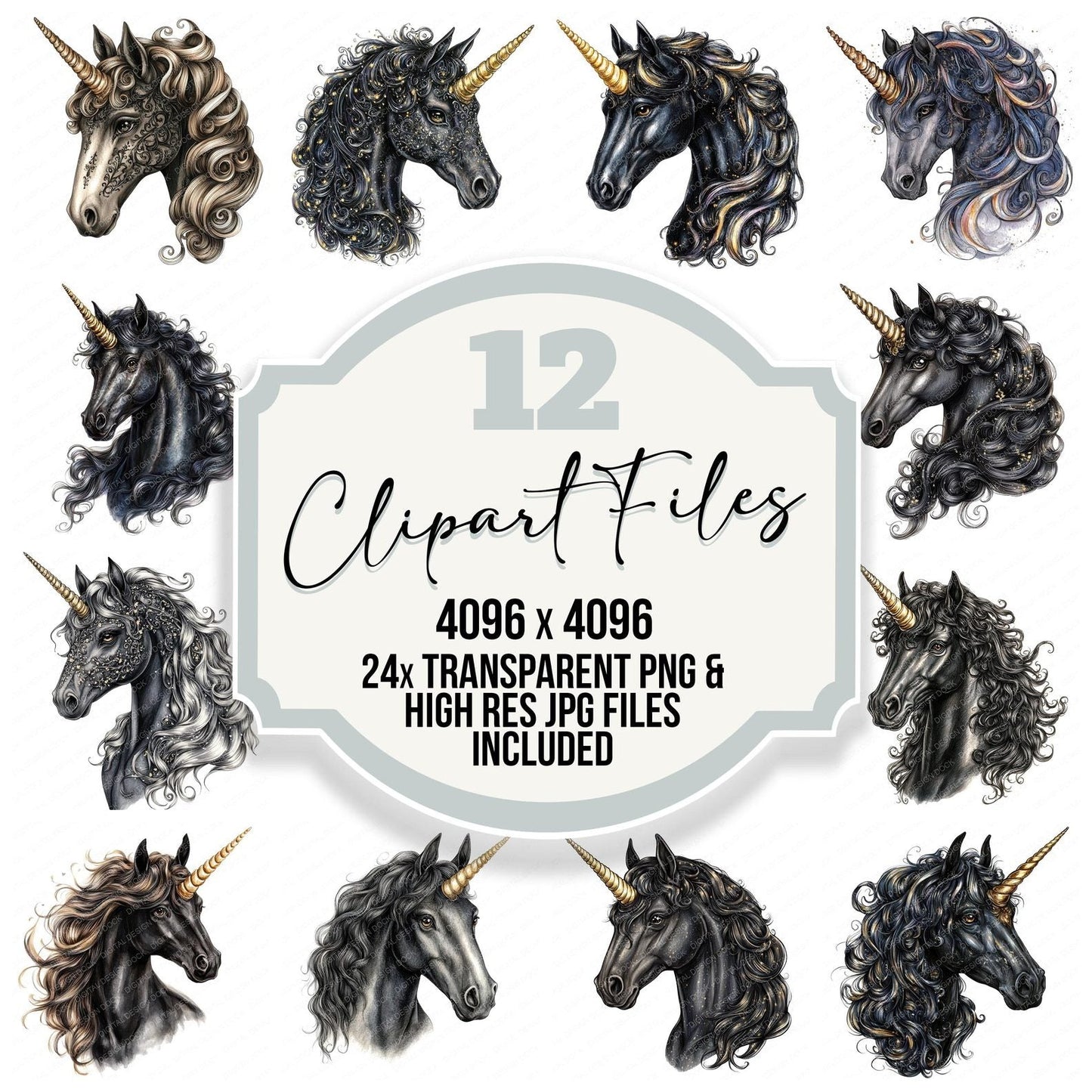 Black Unicorn Portrait Clipart Set (DDD004700)