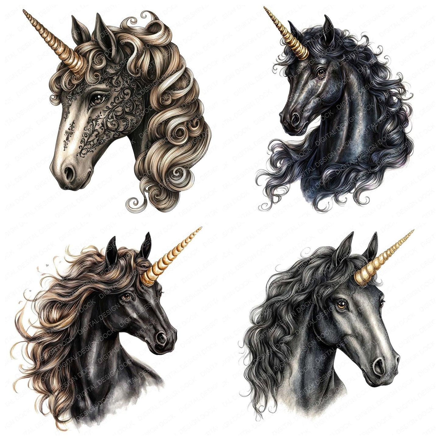 Black Unicorn Portrait Clipart Set (DDD004700)