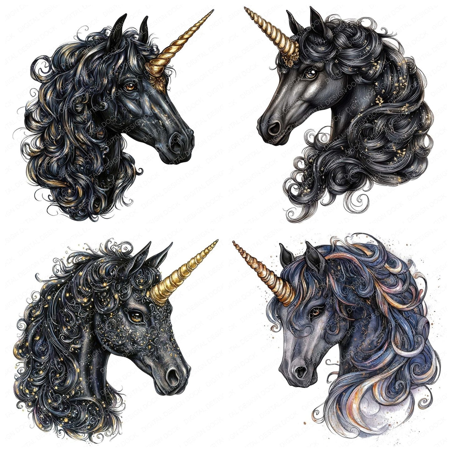 Black Unicorn Portrait Clipart Set (DDD004700)