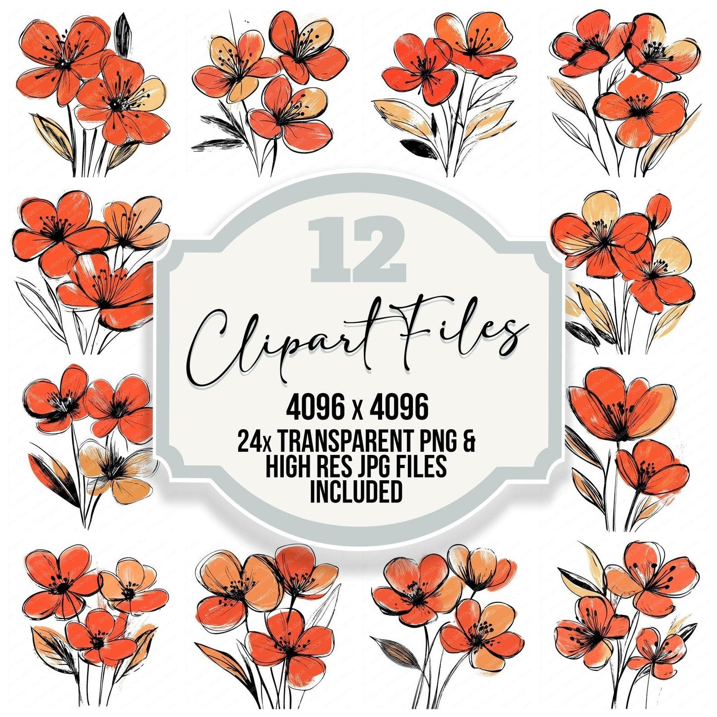 Blood Orange Abstract Flowers Clipart Set (DDD004705)