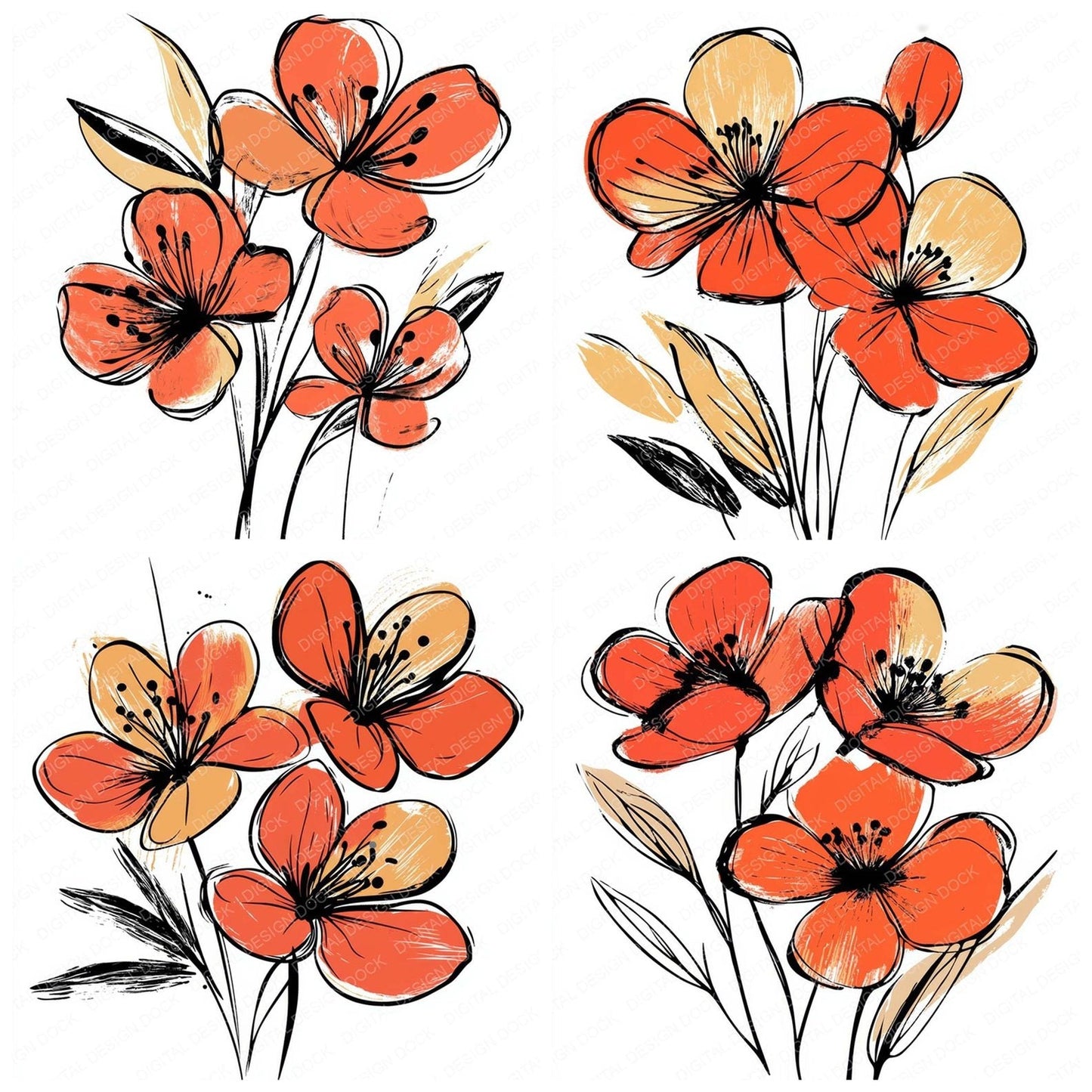 Blood Orange Abstract Flowers Clipart Set (DDD004705)