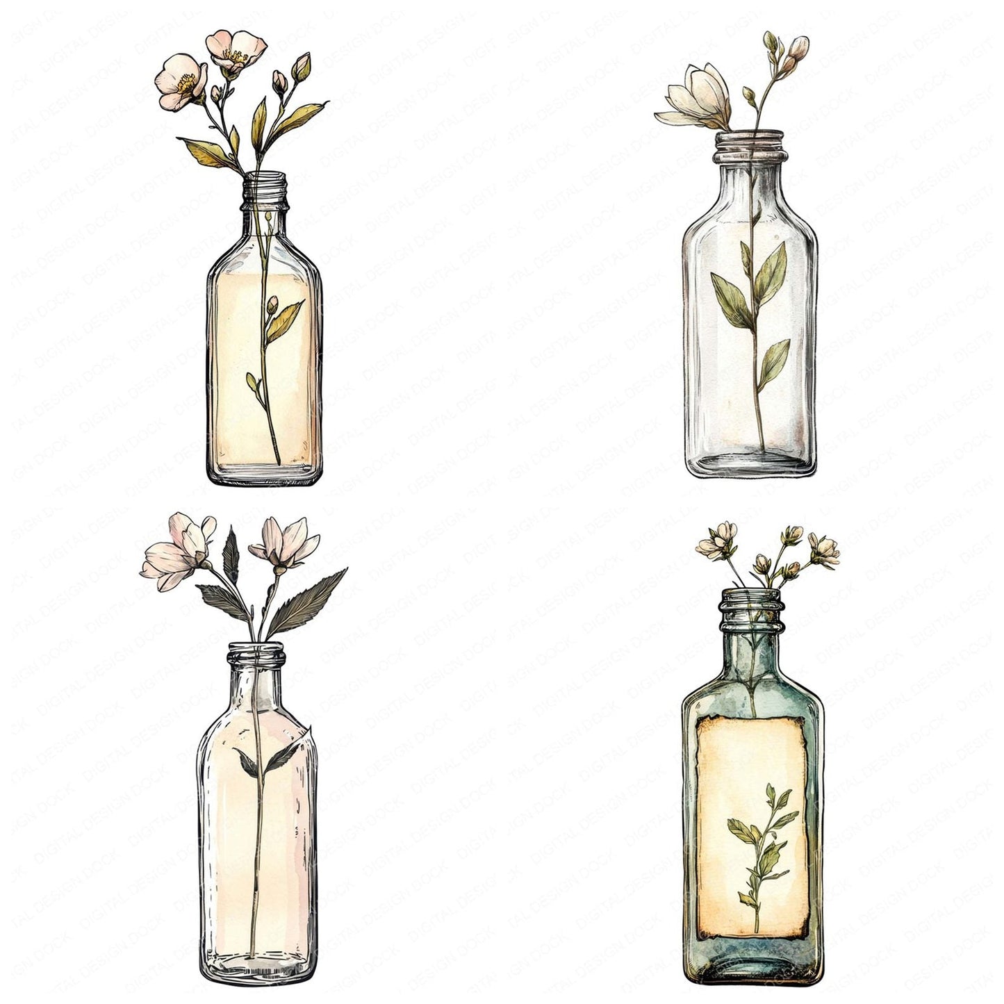 Blooming Bottle Stem Clipart Set (DDD004706)