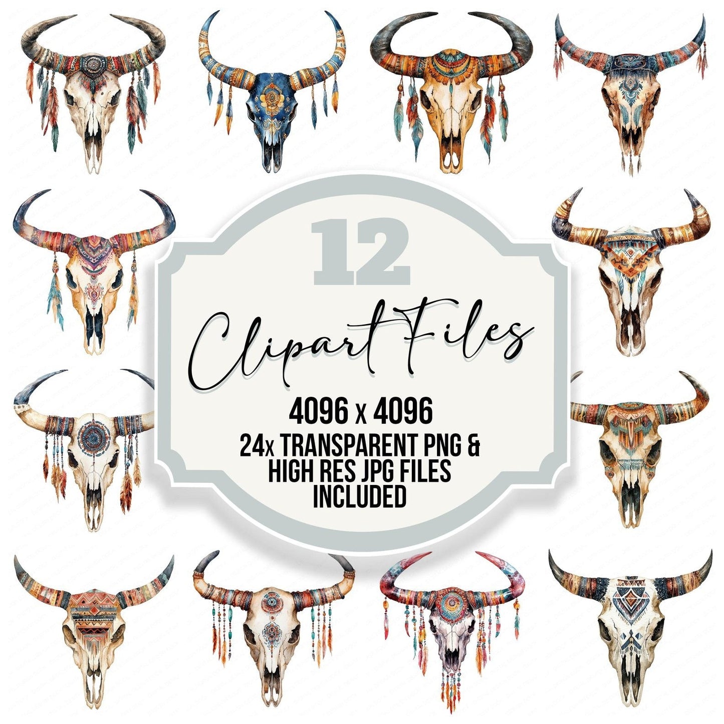 Boho Cow Skull Clipart Set (DDD004718)