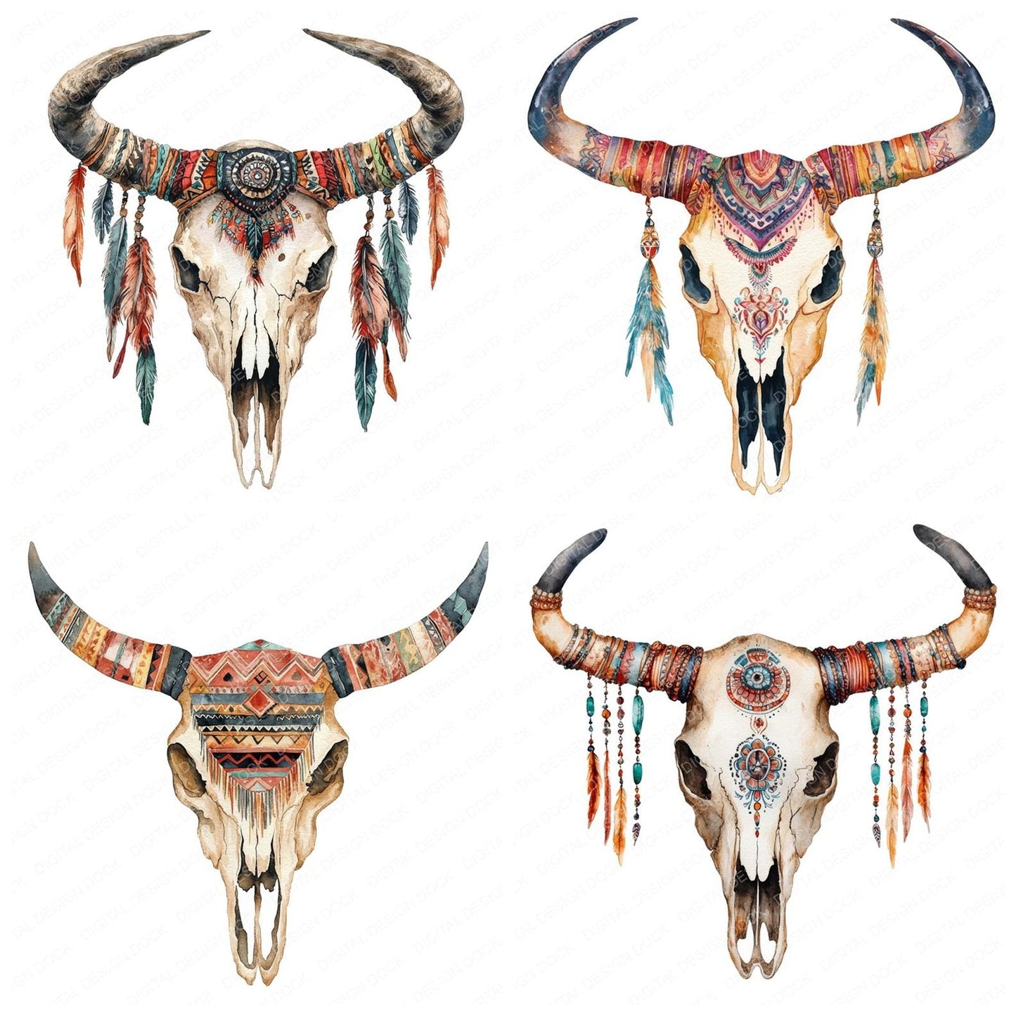 Boho Cow Skull Clipart Set (DDD004718)