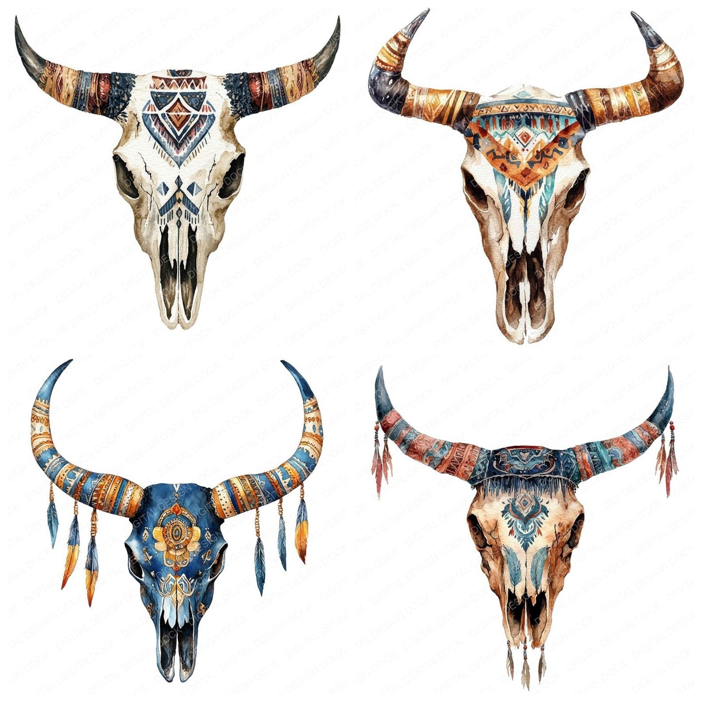 Boho Cow Skull Clipart Set (DDD004718)