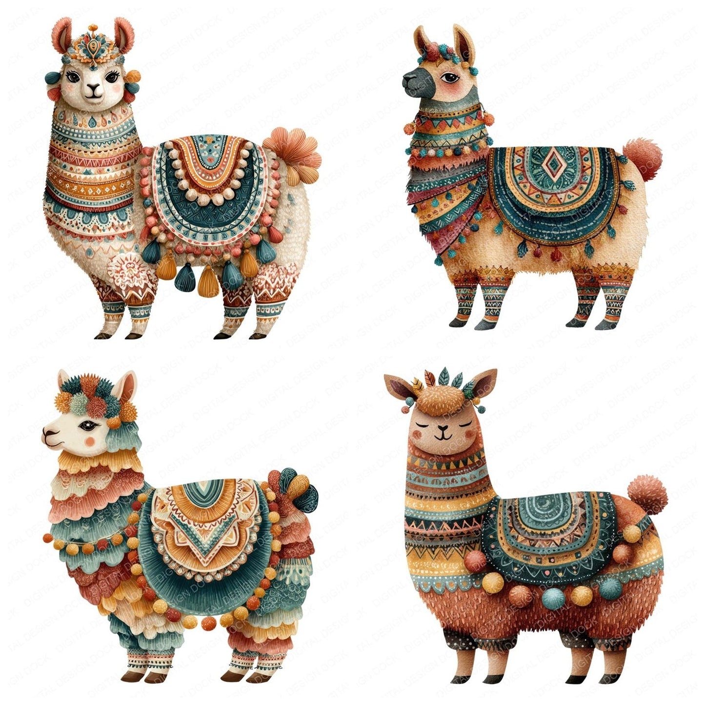 Boho Decorated Llama Clipart Set (DDD004719)