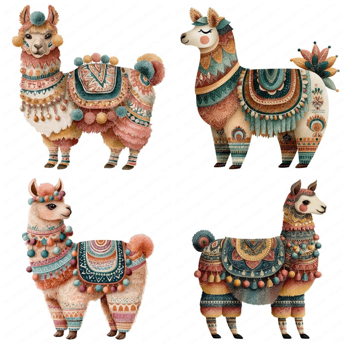 Boho Decorated Llama Clipart Set (DDD004719)