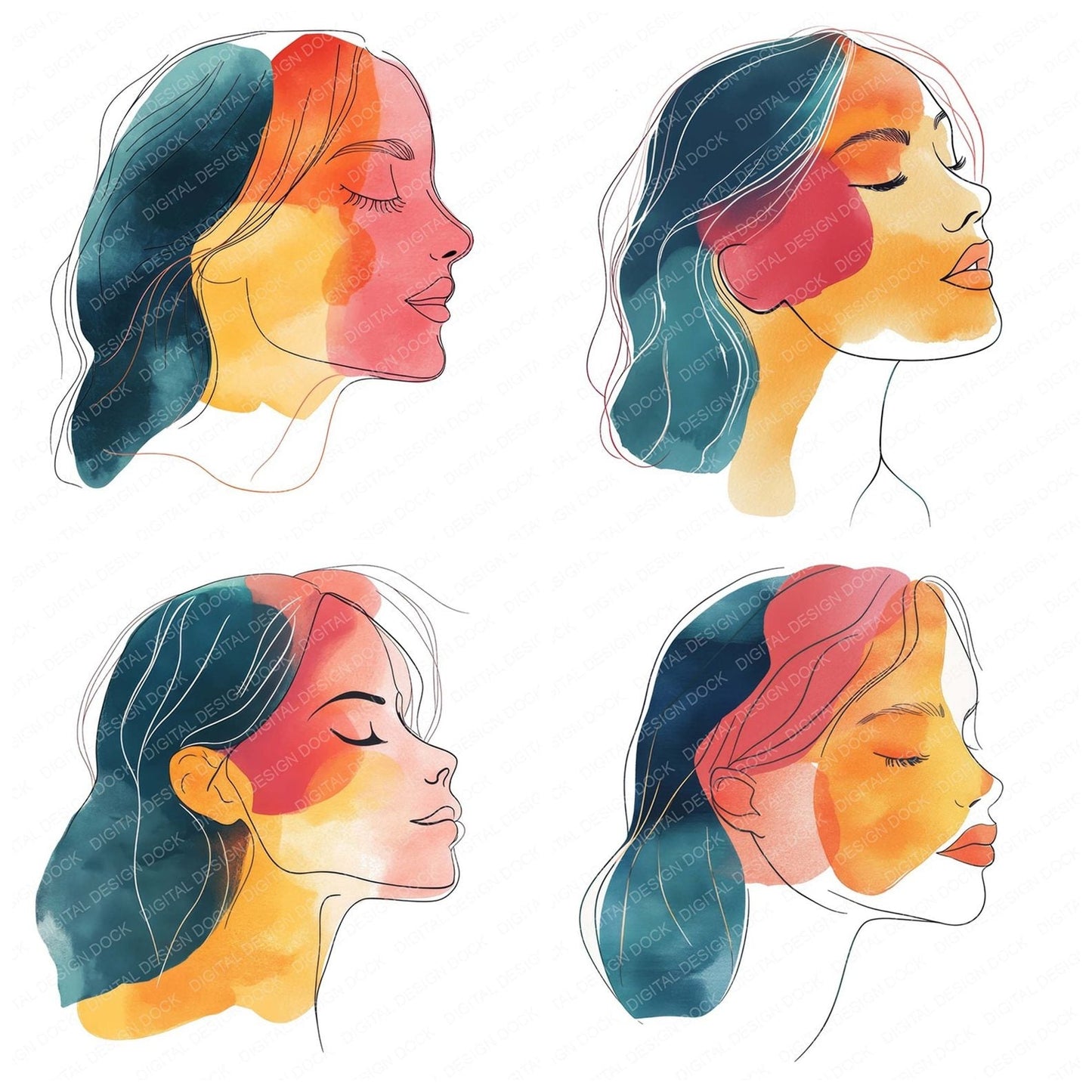 Boho Face Line Art Clipart Set (DDD004722)