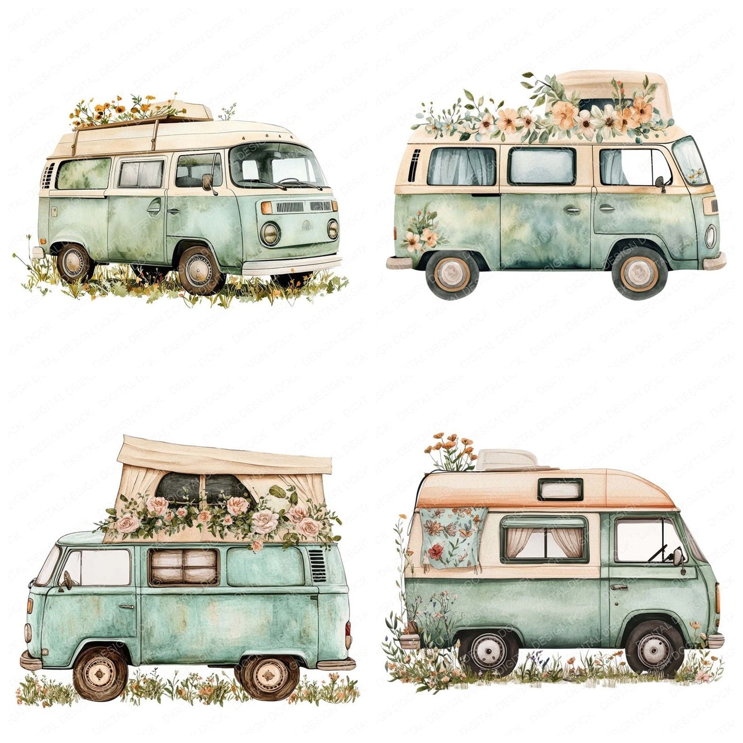 Boho Floral Campervan Clipart Set (DDD004725)
