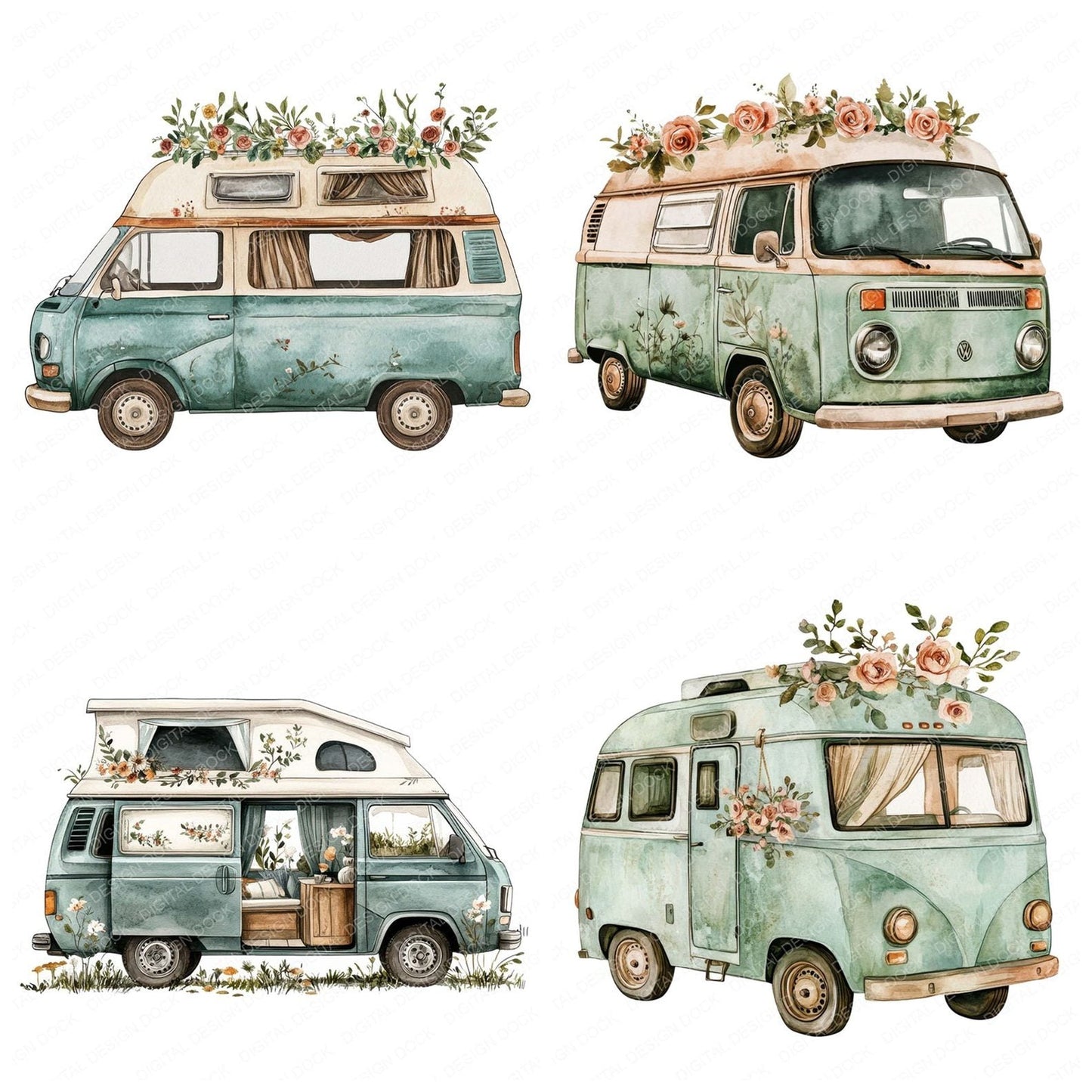 Boho Floral Campervan Clipart Set (DDD004725)