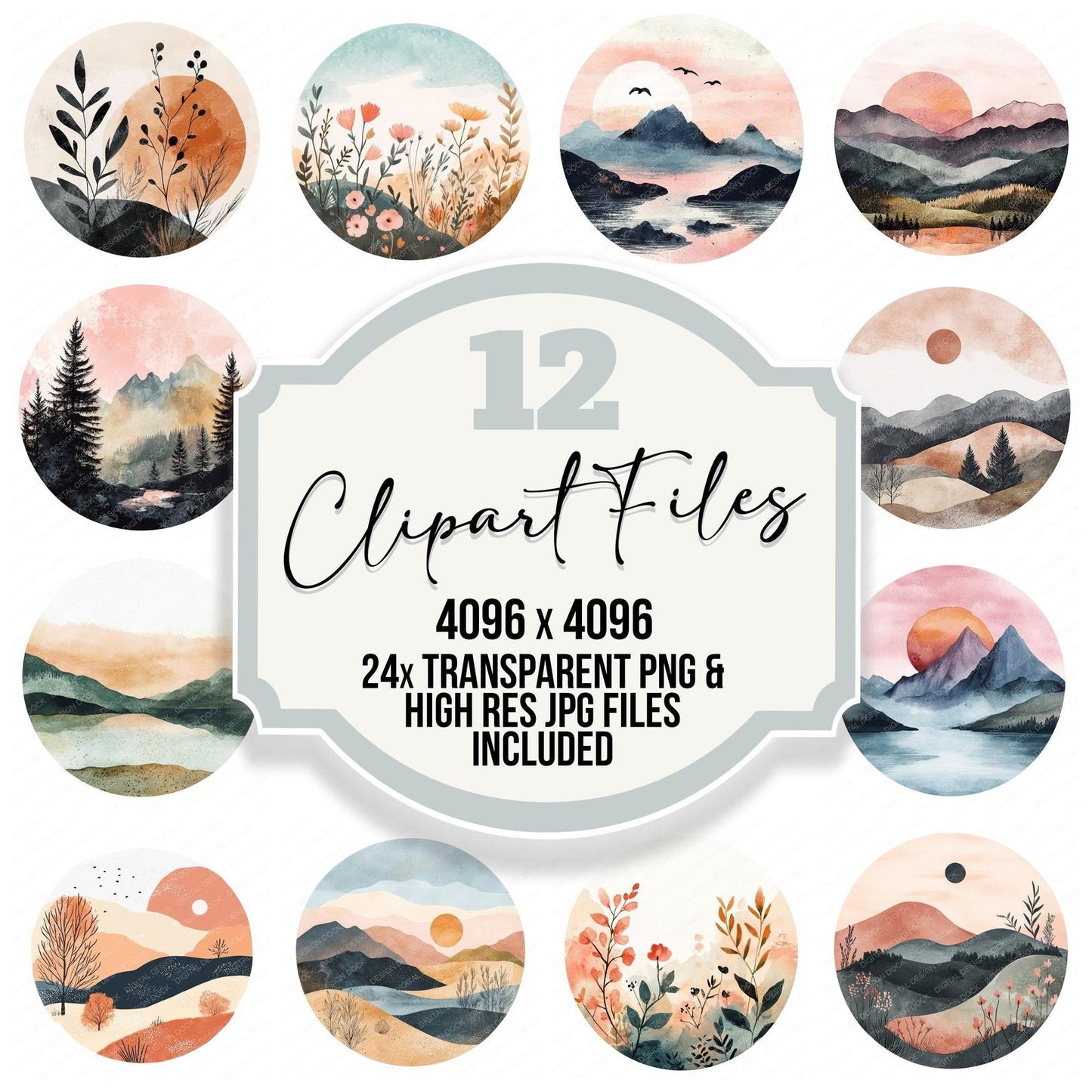 Boho Landscape Round Design Clipart Set (DDD004733)