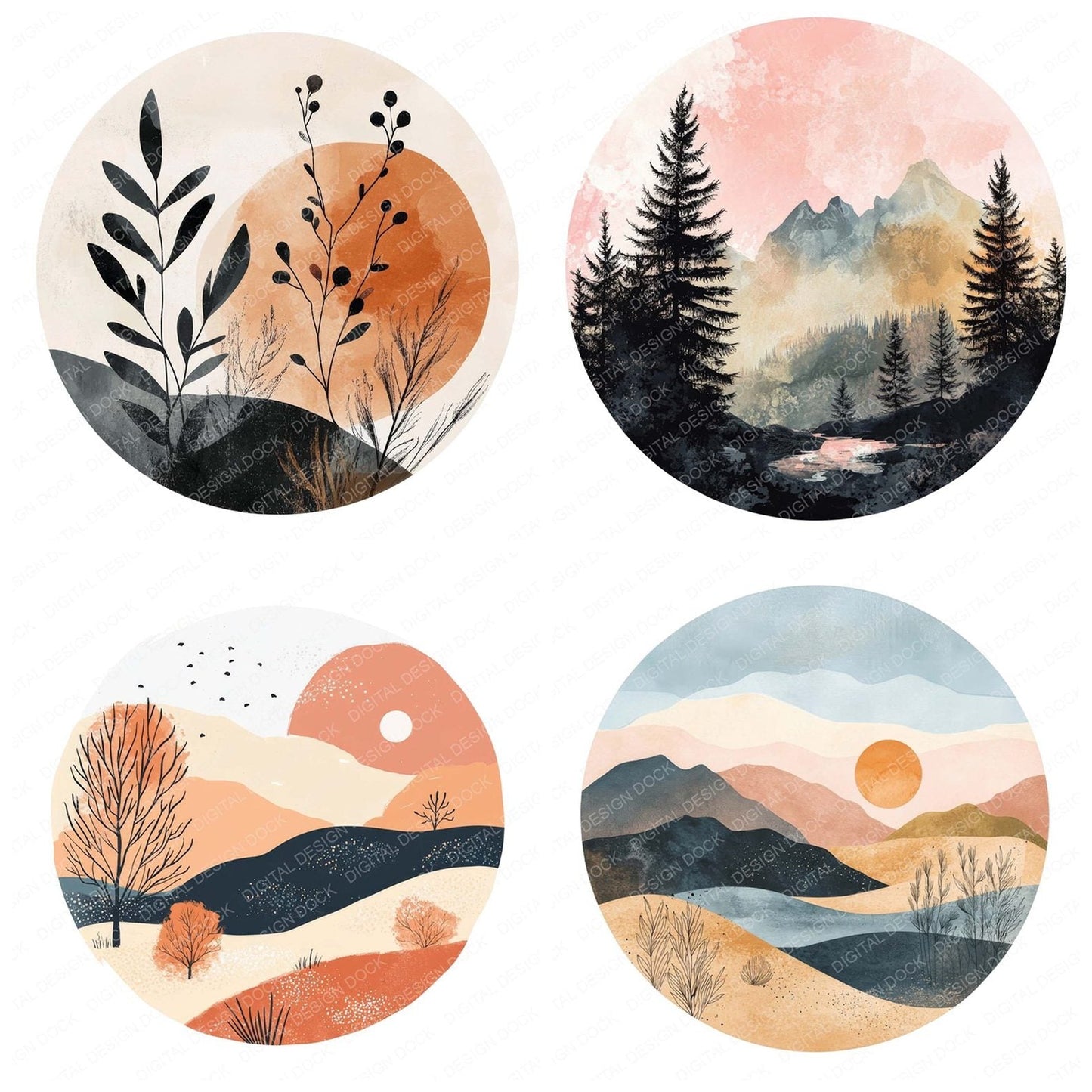 Boho Landscape Round Design Clipart Set (DDD004733)
