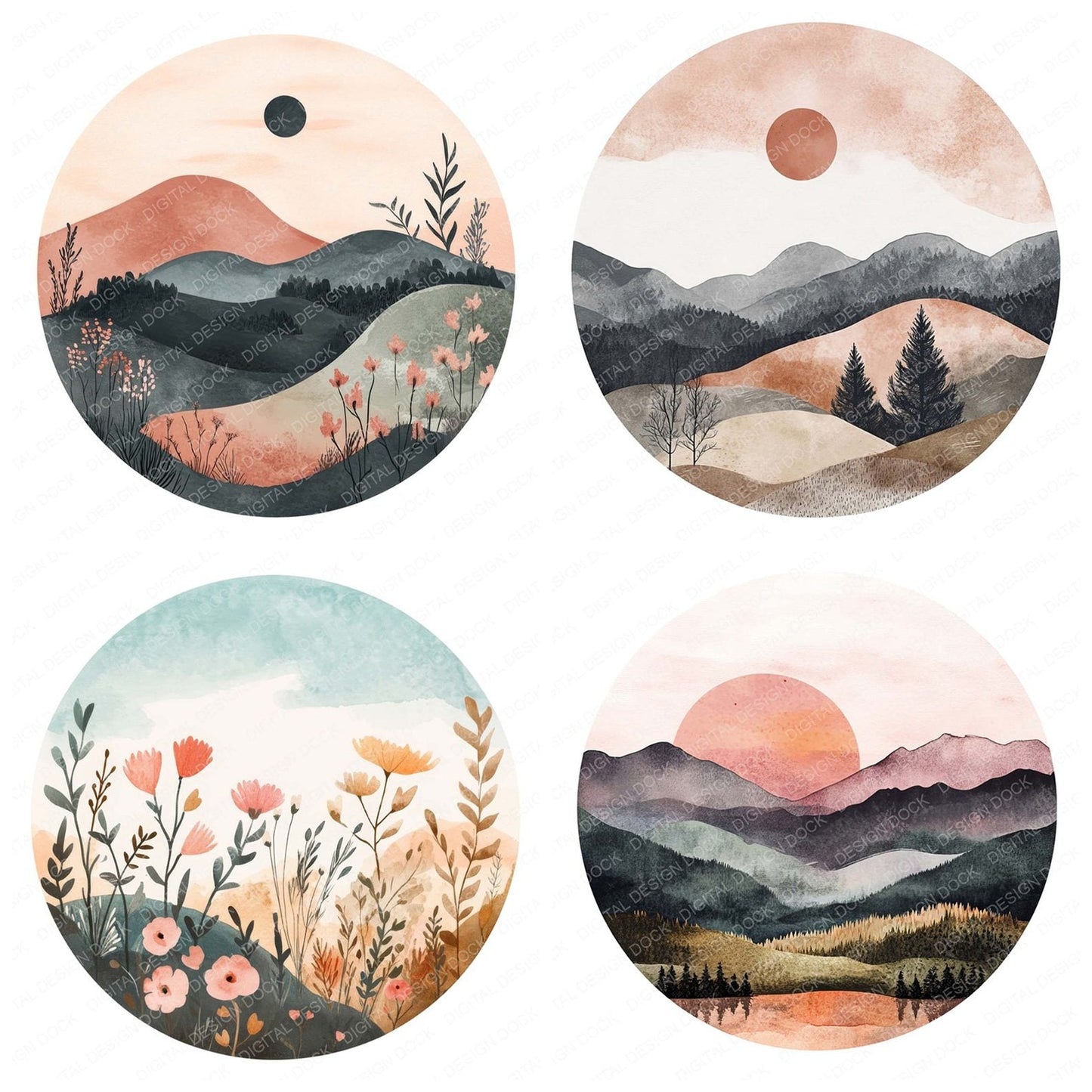 Boho Landscape Round Design Clipart Set (DDD004733)