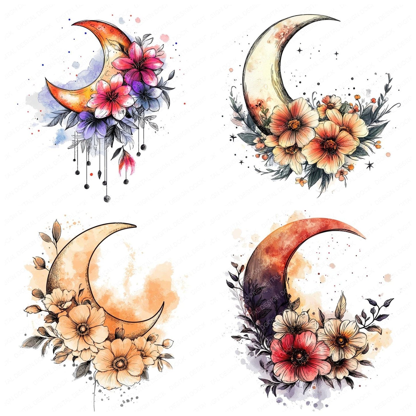 Boho Moon Flowers Clipart Set (DDD004736)