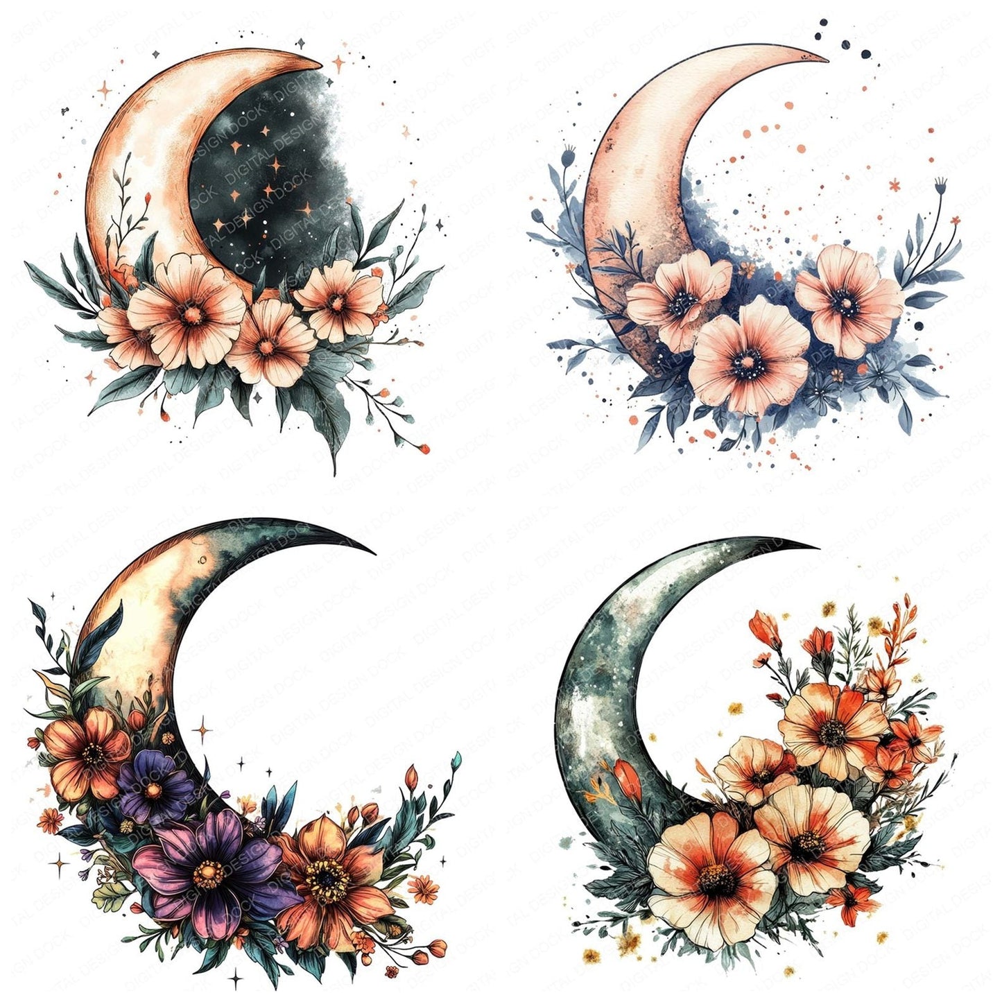 Boho Moon Flowers Clipart Set (DDD004736)