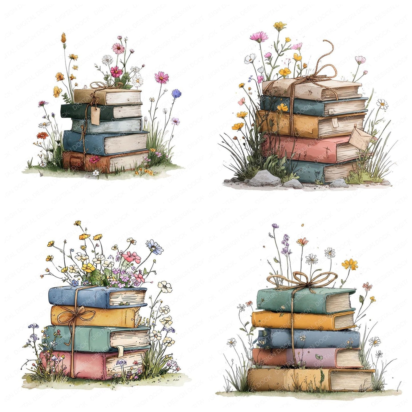 Book Stack Wildflowers Clipart Set (DDD004754)