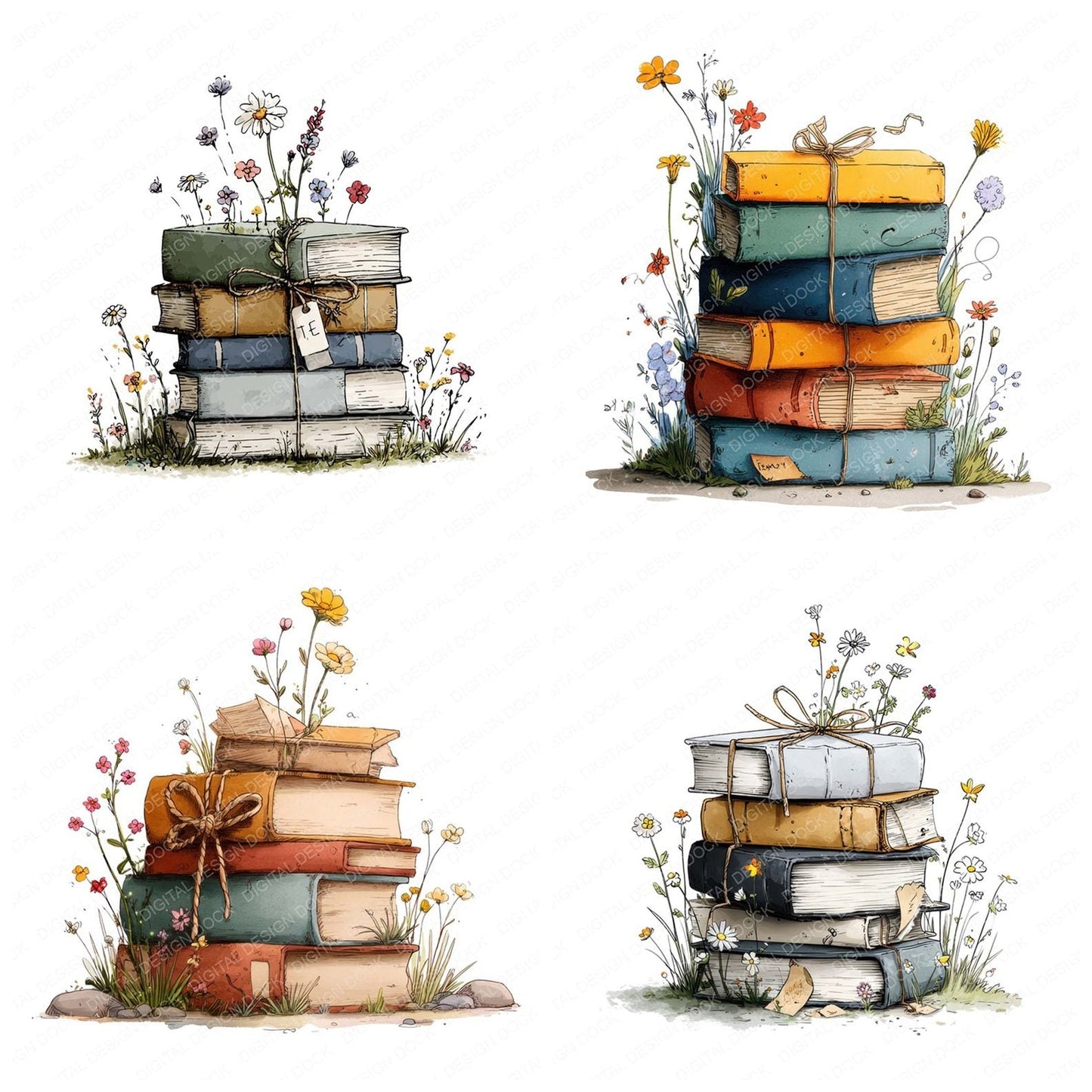 Book Stack Wildflowers Clipart Set (DDD004754)