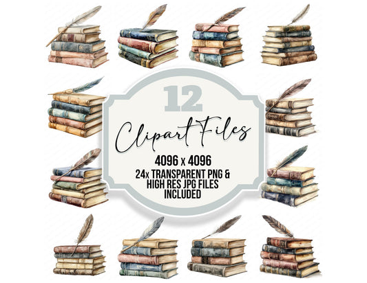 Books with Feathered Quill Clipart Set (DDD004757)