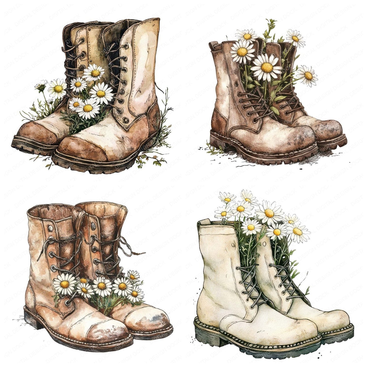 Boots Filled with Daisies Clipart Set (DDD004759)