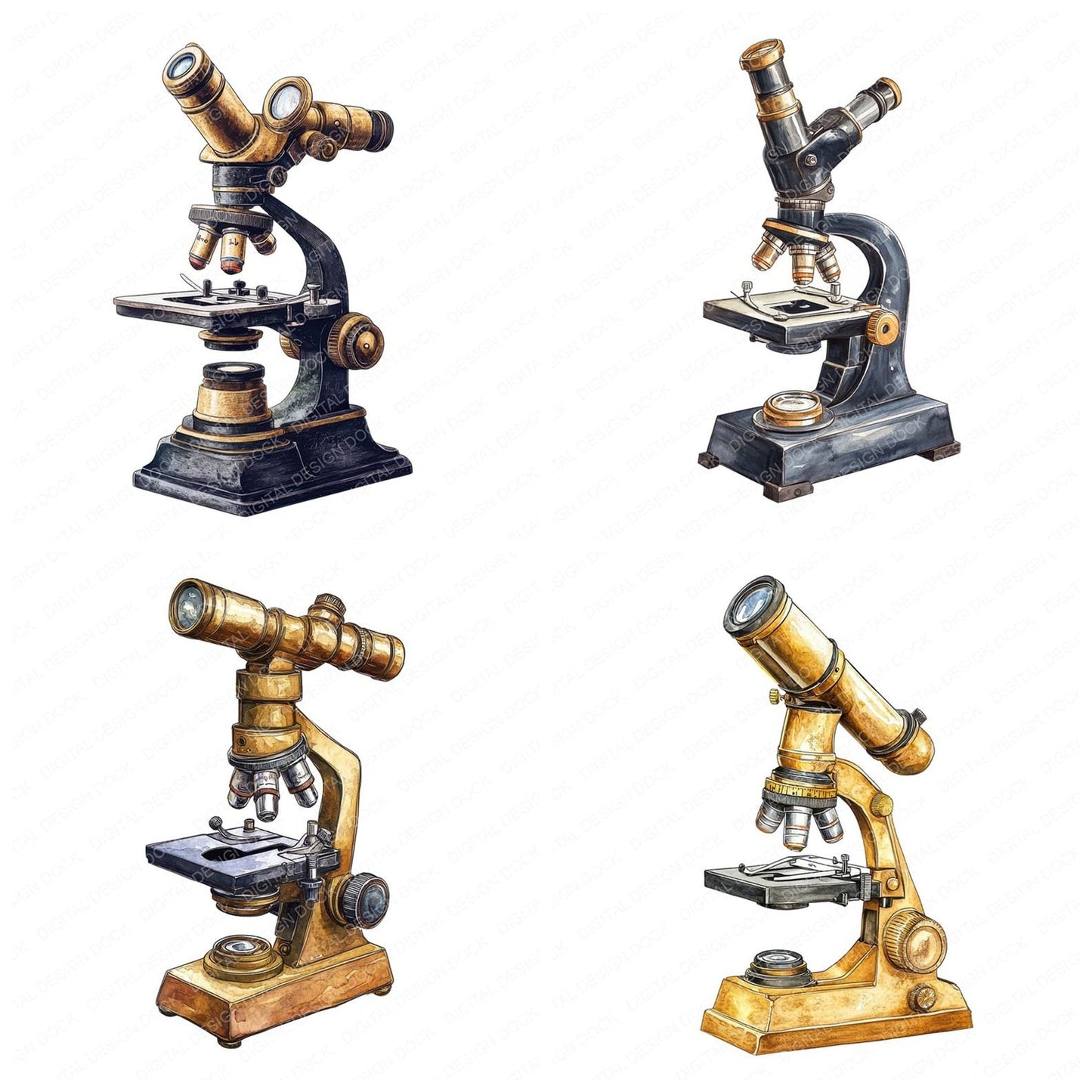 Brass Vintage Microscope Clipart Set (DDD004766)